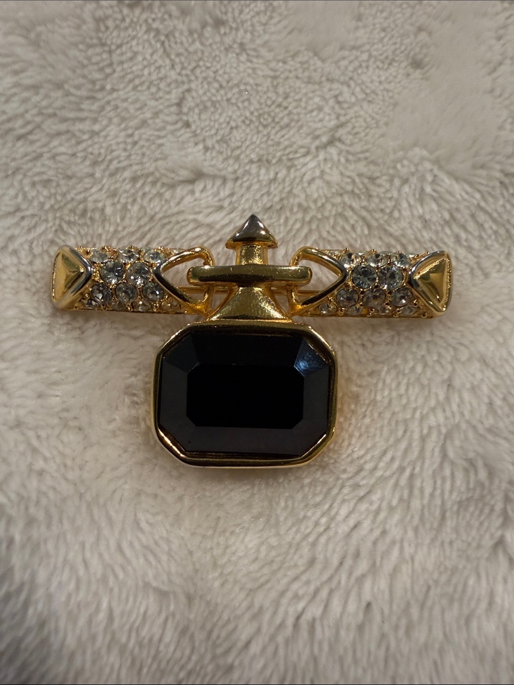 Vintage- Gold-Tone Black and Clear Crystal Bar Brooch